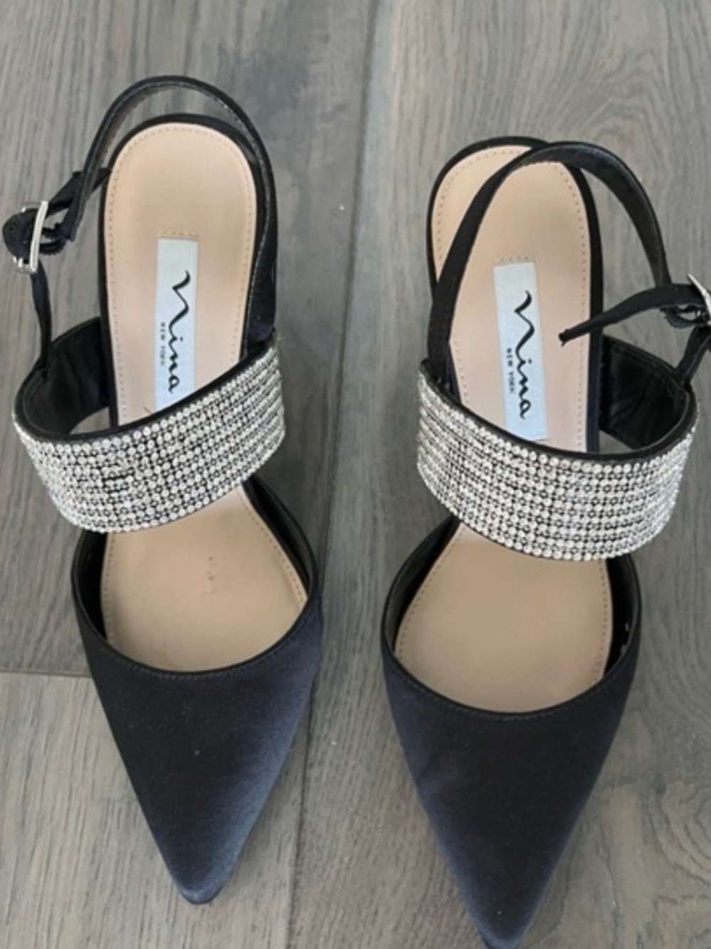 Nina Black Pointed Toe Slingback Heels w/Crystal-Embellished Strap - Picture 2 of 5
